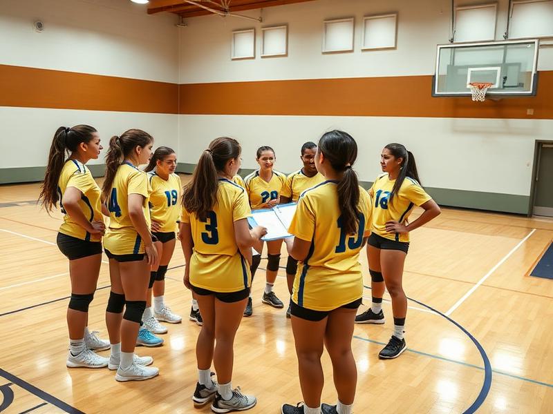A volleyball team huddled around their coach before a match