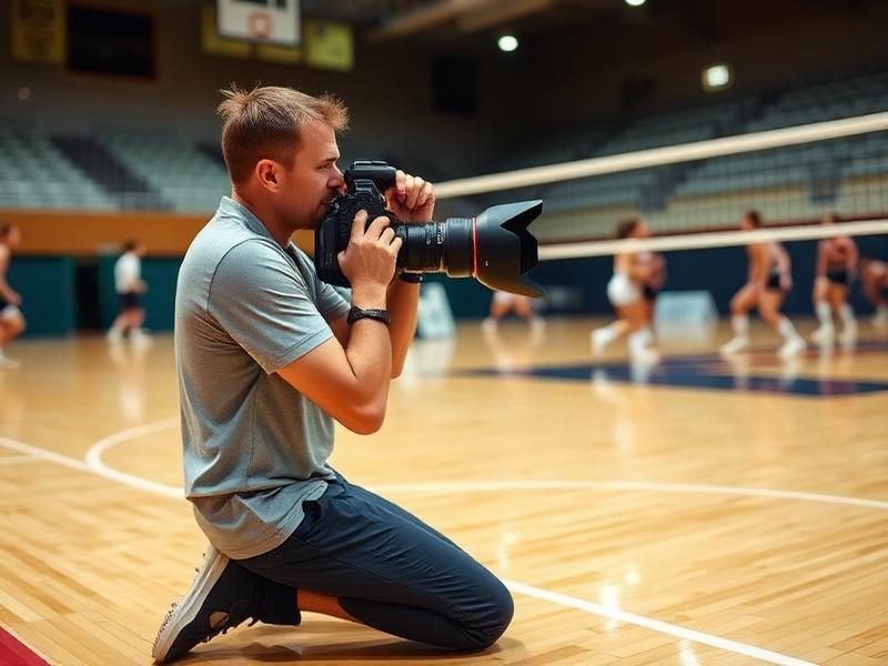Sports photographer shooting courtside at a volleyball match